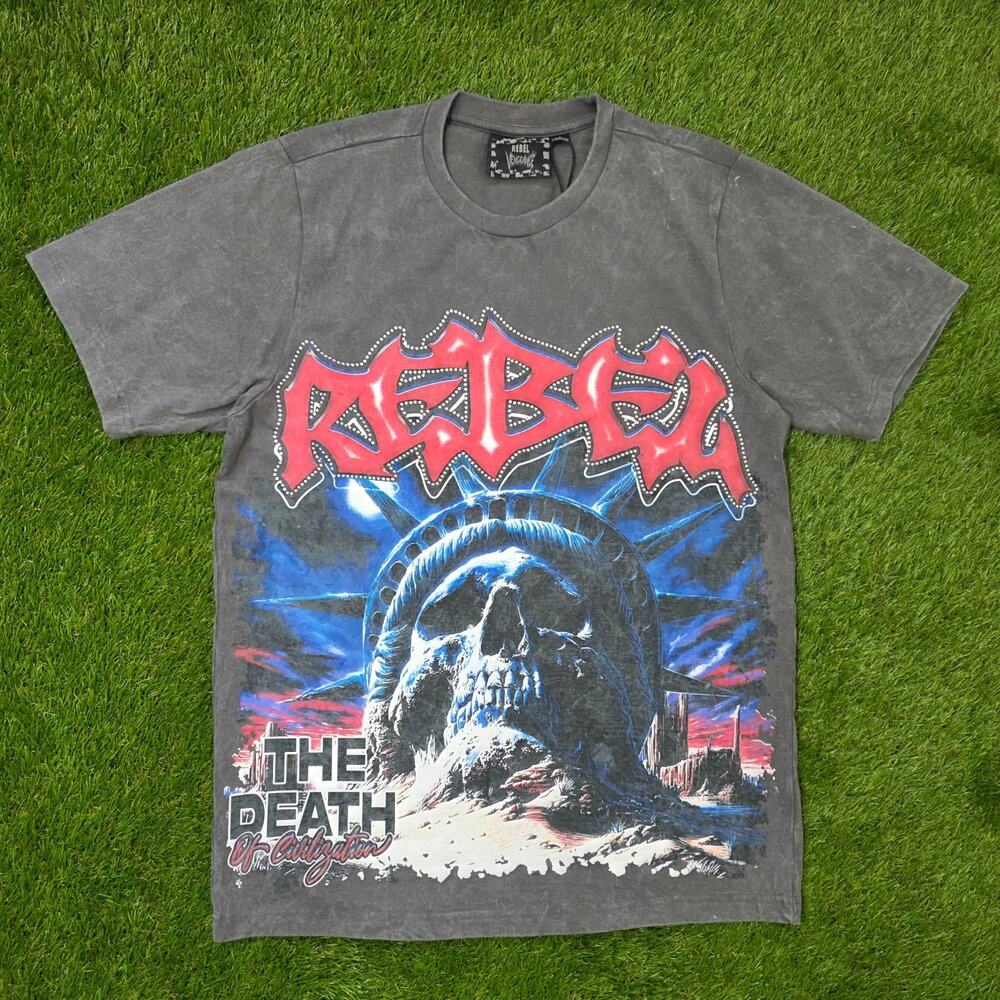 Rebel Vengeance The Death of Civilization Skull Crewneck Graphic Tee Men's Sz L